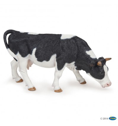 Black and white grazing cow